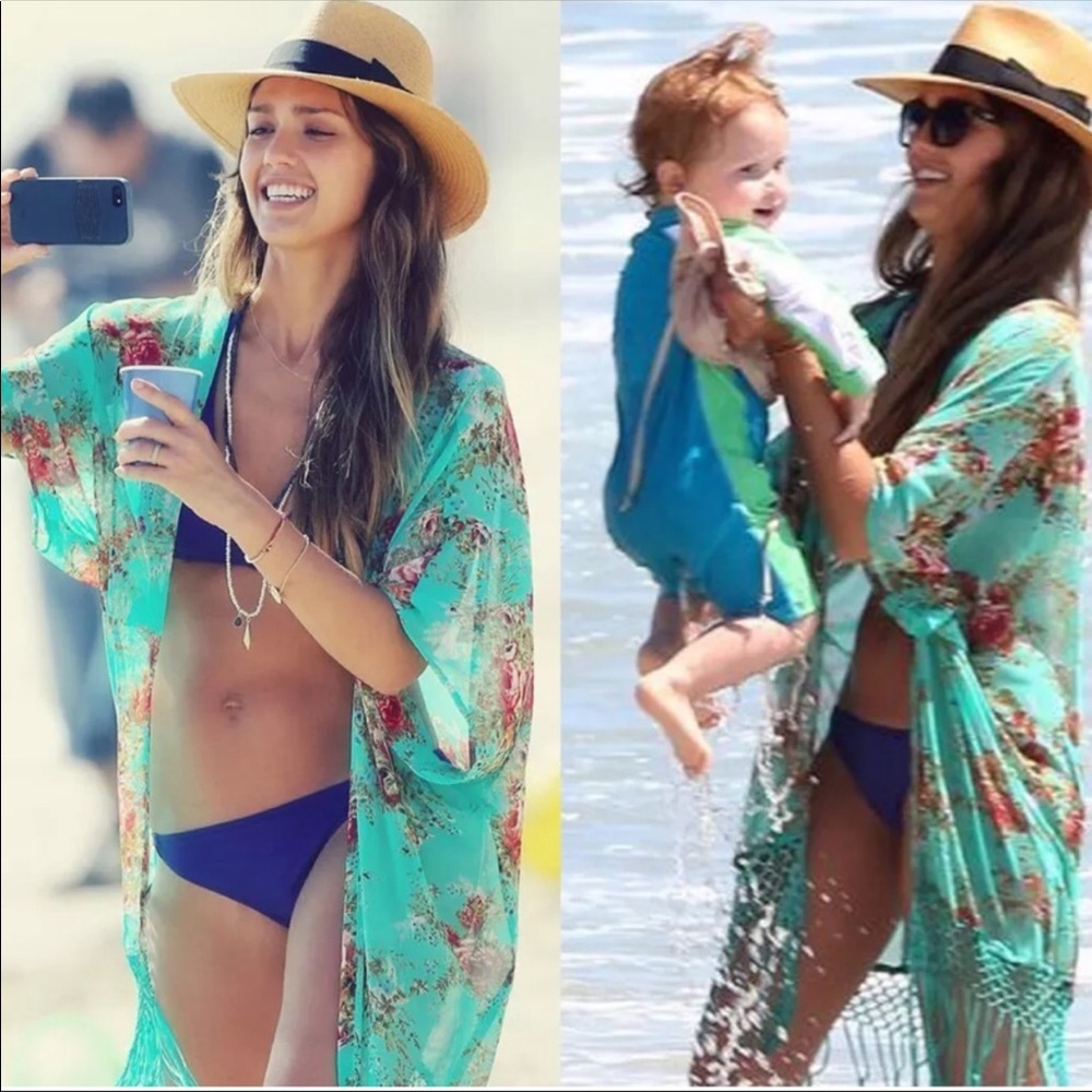 FRINGE KIMONO Green Floral Swim